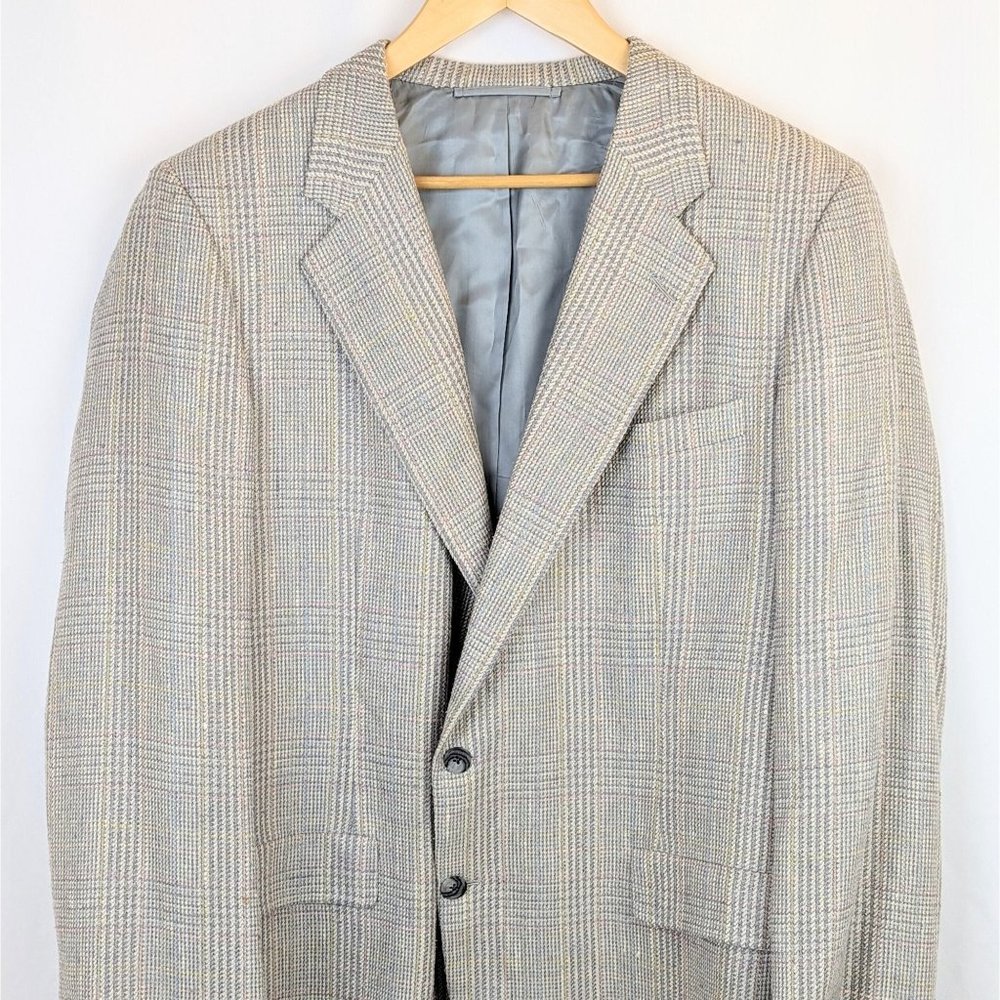 Vintage 80s Men's Lightweight Pastel Plaid Sport Coat Blazer 46L Wool Linen Silk